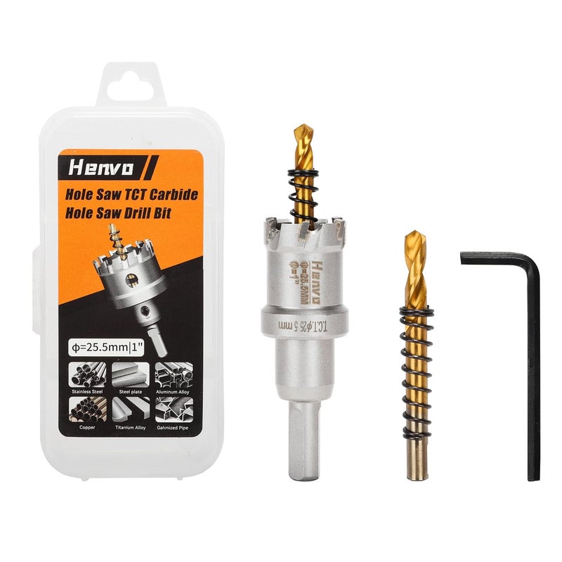 Henvo Hole Saw 1" (25.5mm) Heavy Duty Carbide with 2 Pilot Drill Bits - Metal Hole Cutter Cuts Stainless Steel, Iron, Copper, Brass, Plastic - Image 1